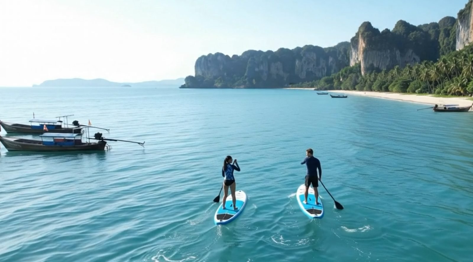 Two paddleboarders in recycled marine apparel on turquoise water