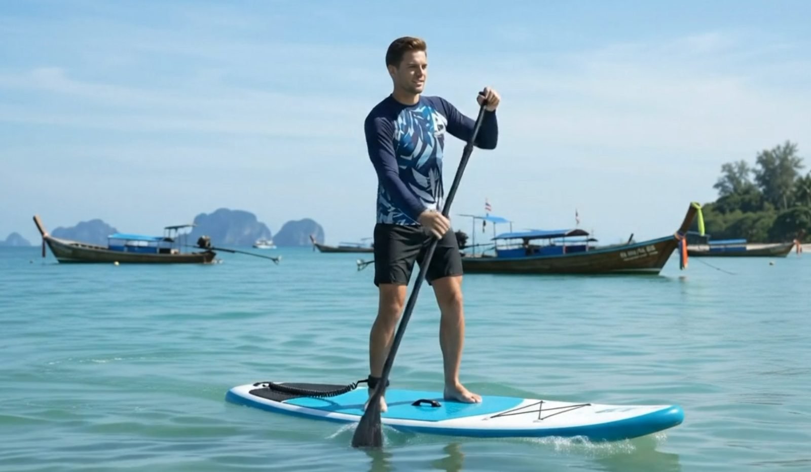 Paddleboarder wearing a custom White Sand Life recycled rashguard